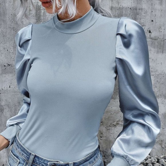 Boho blue Ribbed long sleeve puff top Satin Minima - Picture 4 of 5